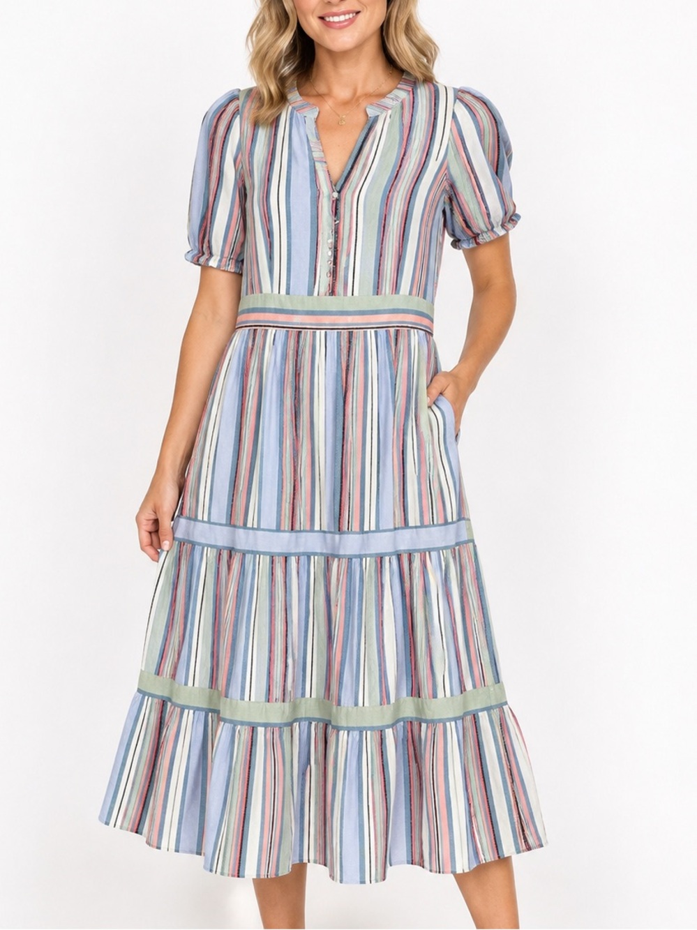 LOFT Striped Linen Blend Tiered Midi Dress Puff Sleeve Blue Pink Size 12